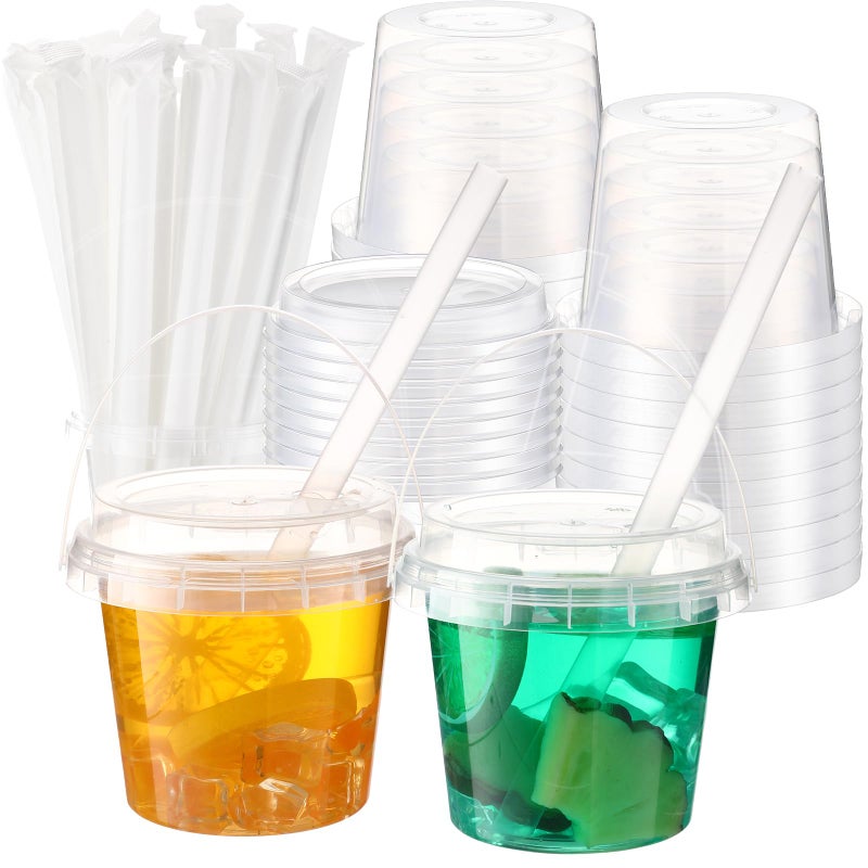 Funnymoom 50 Set Clear Plastic Cups 24 oz Ice Cream Buckets with Lids and Straws Disposable Drink Cups Cocktail Pails with Handles for Outdoor Holiday Travel Beach Birthday Pool Party Supplies